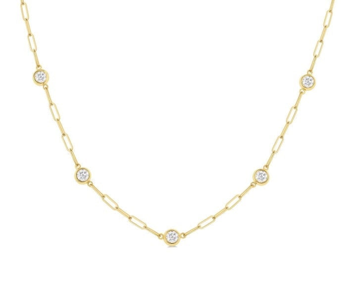 14kt Yellow Gold Paper Clip Diamond Station Necklace