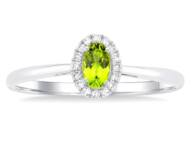 10kt White Gold Peridot and Halo Diamond Ring