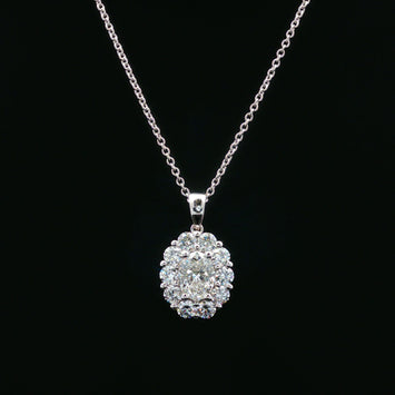 18kt White Gold Oval Diamond Halo Pendant with Chain
