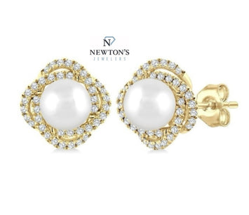 10kt Yellow Gold Diamond Halo Pearl Earrings
