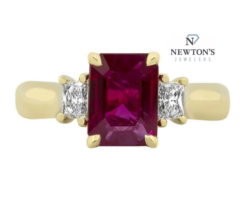 18kt Yellow Gold Emerald Cut Ruby and Diamond Ring