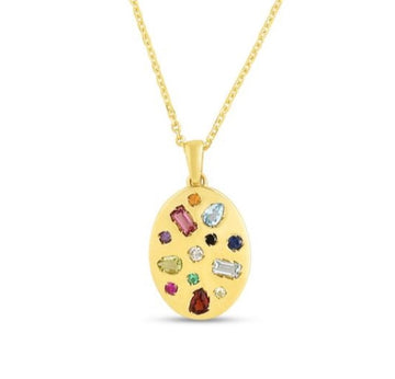 14kt Yellow Gold Gemstone Inlay Oval Pendant with Chain