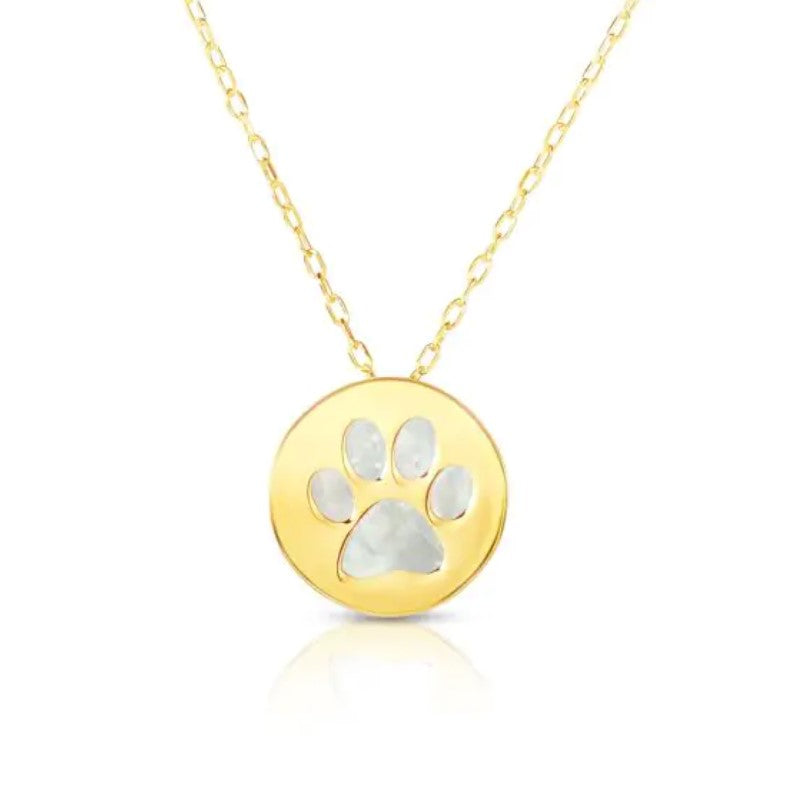 14kt Yellow Gold Paw Print Mother of Pearl Pendant With Chain