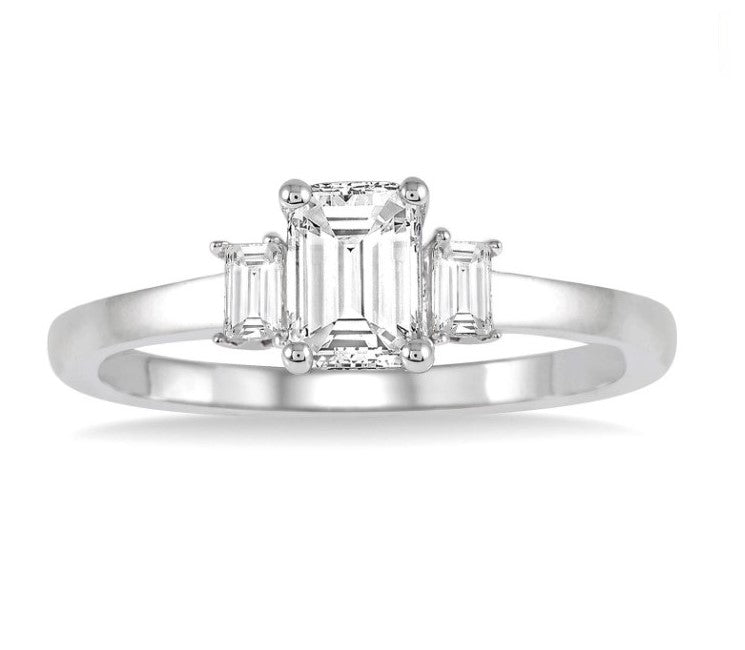 14kt White Gold  Emerald and Baguette Diamond Engagement Ring with 1/2 Ct Emerald Cut
