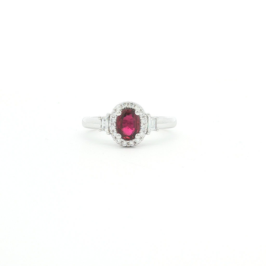 18kt White Gold Oval Ruby & Diamond Halo Ring