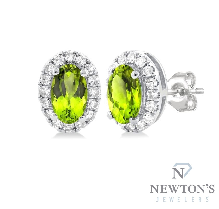 10kt White Gold Peridot and Diamond Halo Earrings (0.12ct)