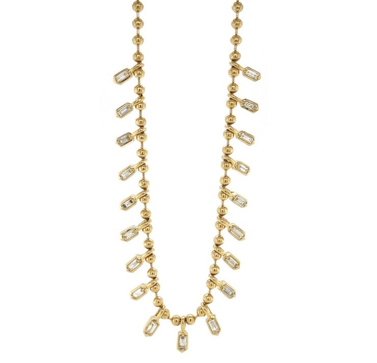 14kt Yellow Gold Ball Chain Baguette Diamond Necklace