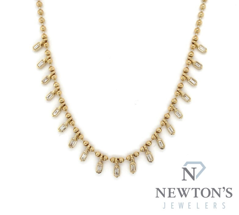 14kt Yellow Gold Ball Chain Baguette Diamond Necklace