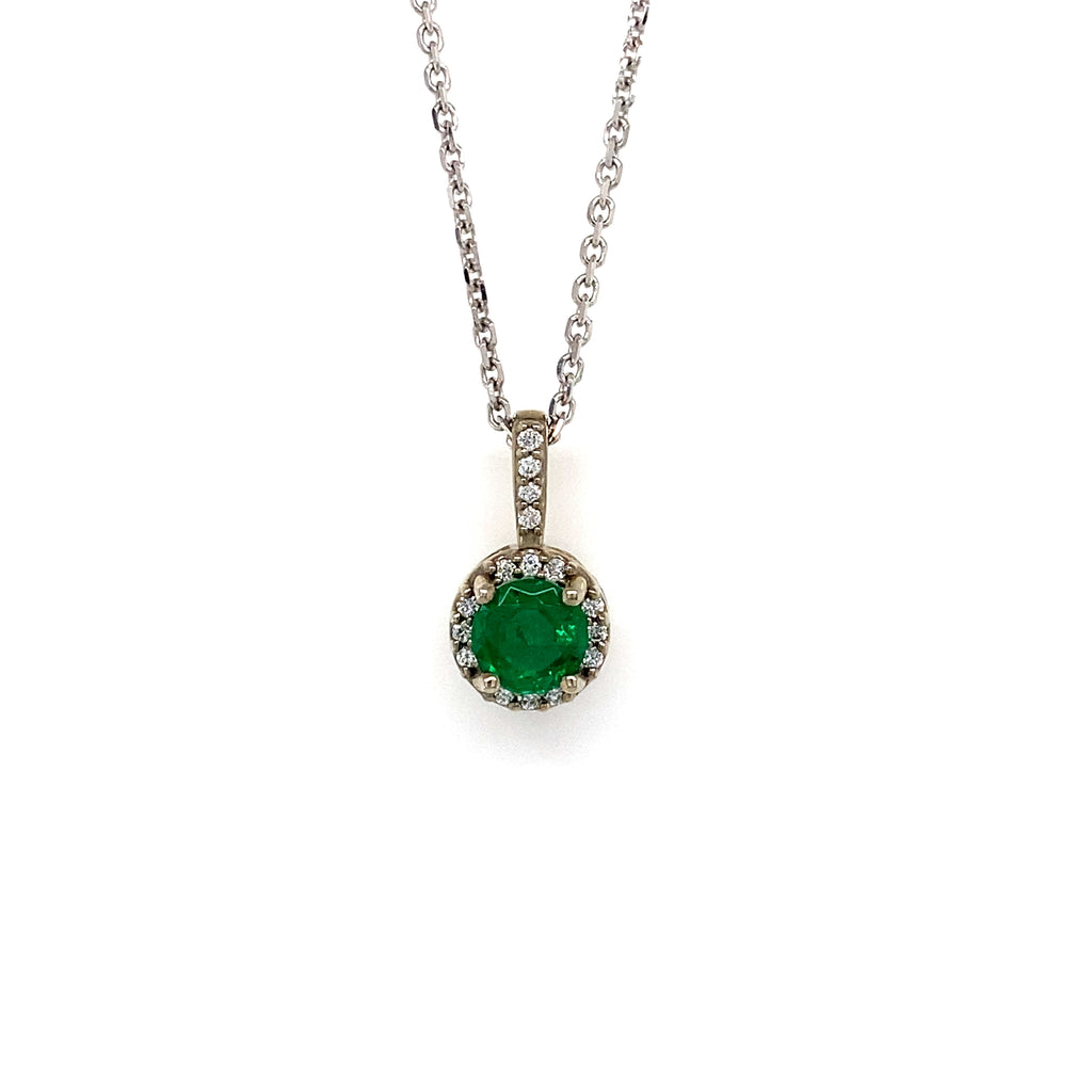 14kt White Gold Emerald and Diamond Pendant with Chain