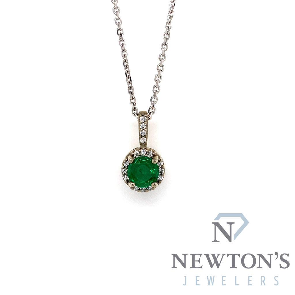 14kt White Gold Emerald & Diamond Pendant with Chain