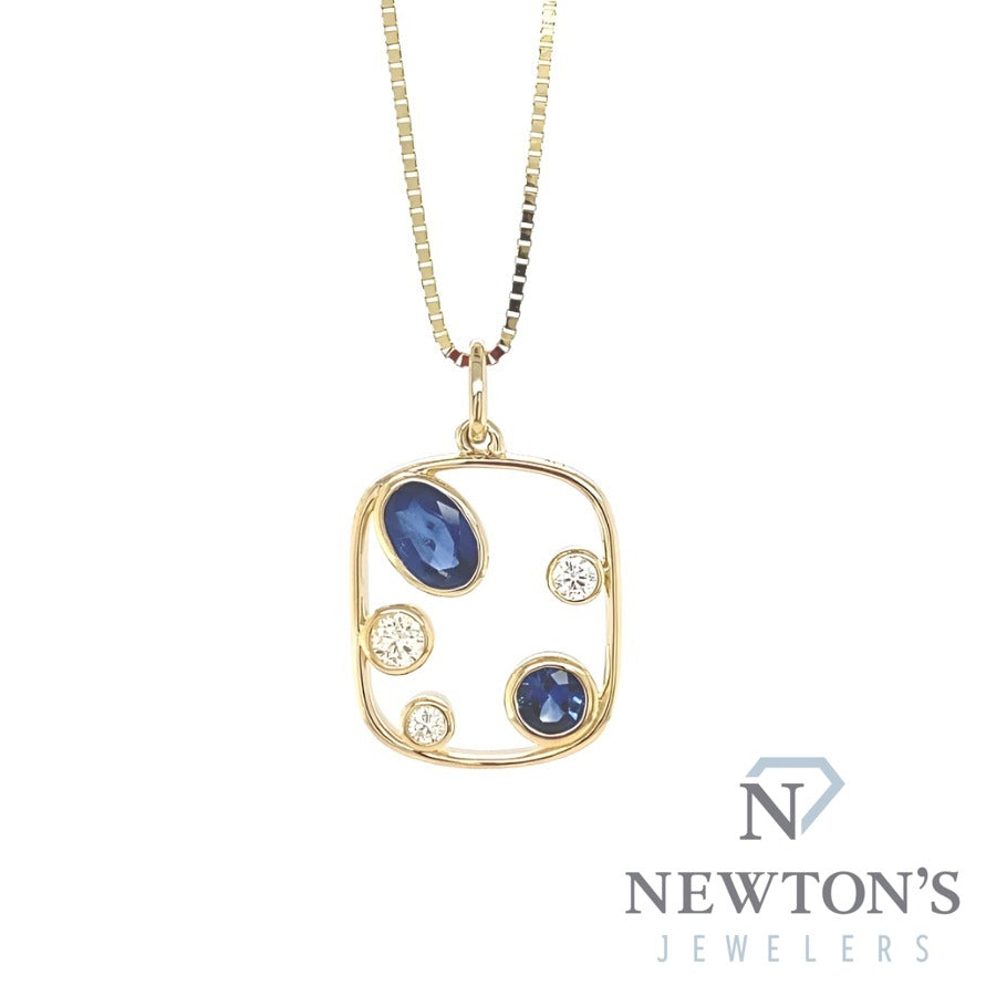 14kt Yellow Gold Diamond & Sapphire Pendant With Chain