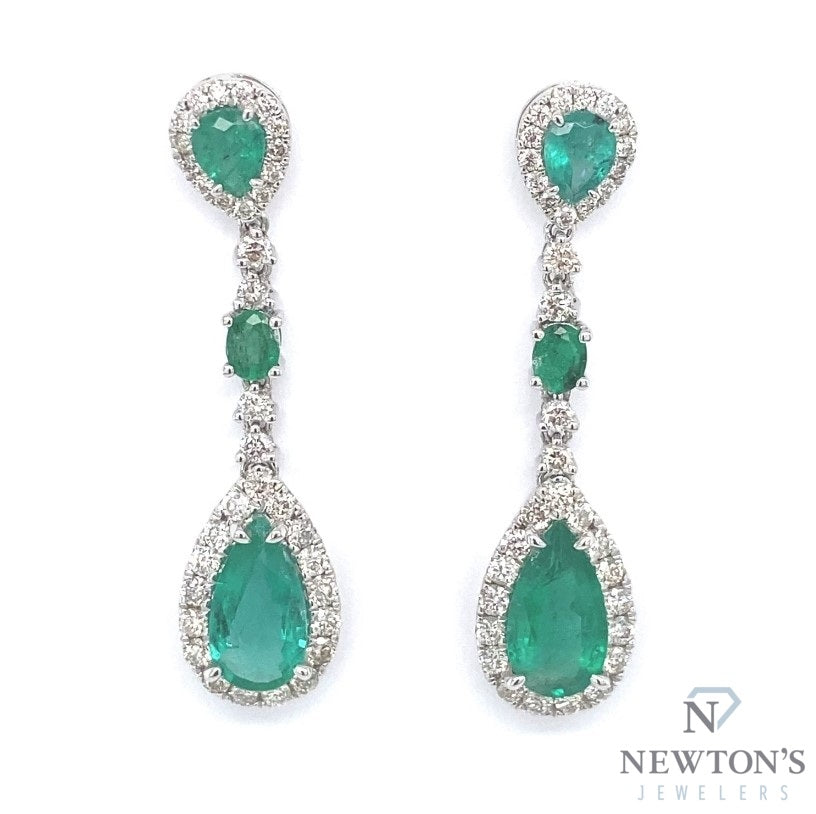 14kt White Gold Emerald & Diamond Dangle Earrings