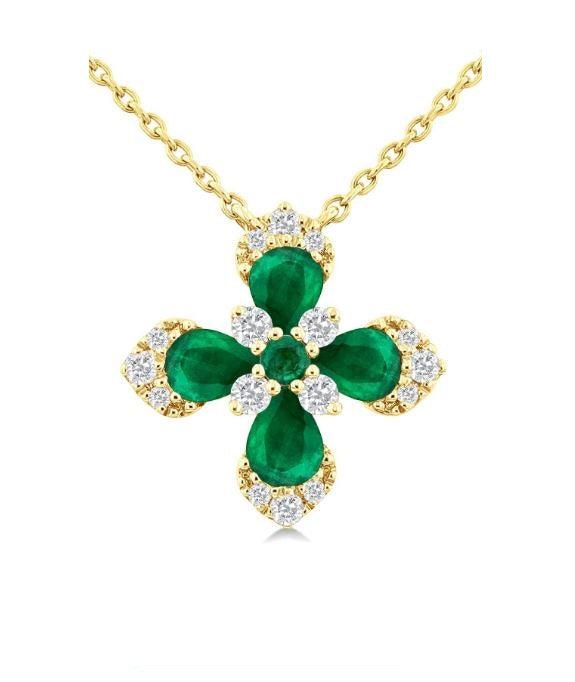 14kt Yellow Gold Emerald & Diamond Clover Blossom Pendant Necklace