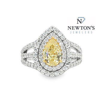 18kt White Gold Fancy Yellow Pear Shape Diamond Halo Ring