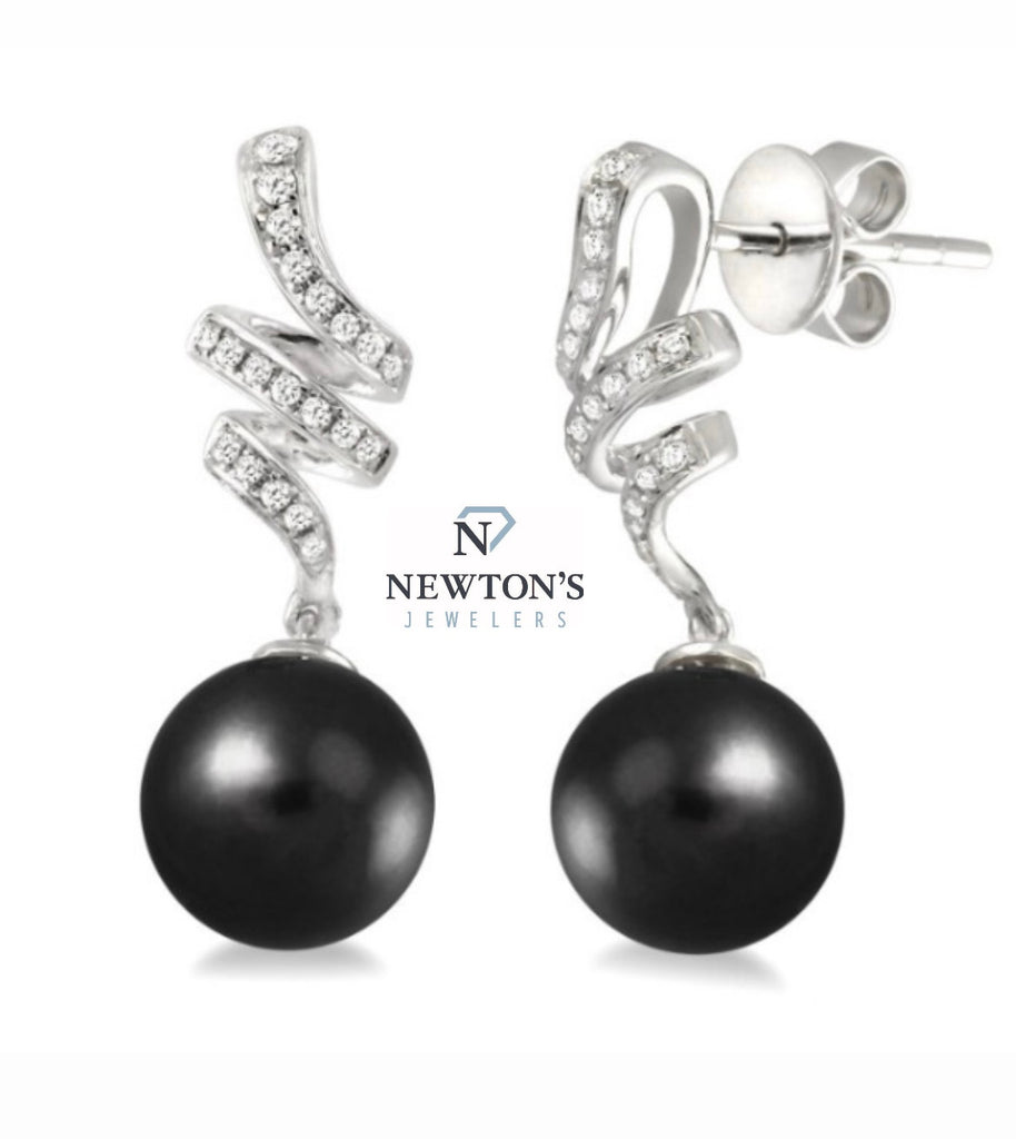14kt White Gold Black Pearl & Diamond Drop Earrings