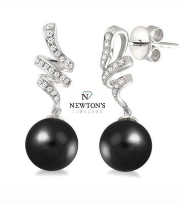 14kt White Gold Black Pearl & Diamond Drop Earrings