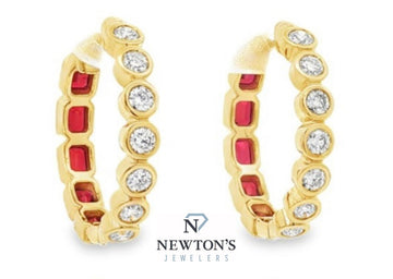 14Kt Yellow Gold Double Sided Diamond and Ruby Hoop Earrings