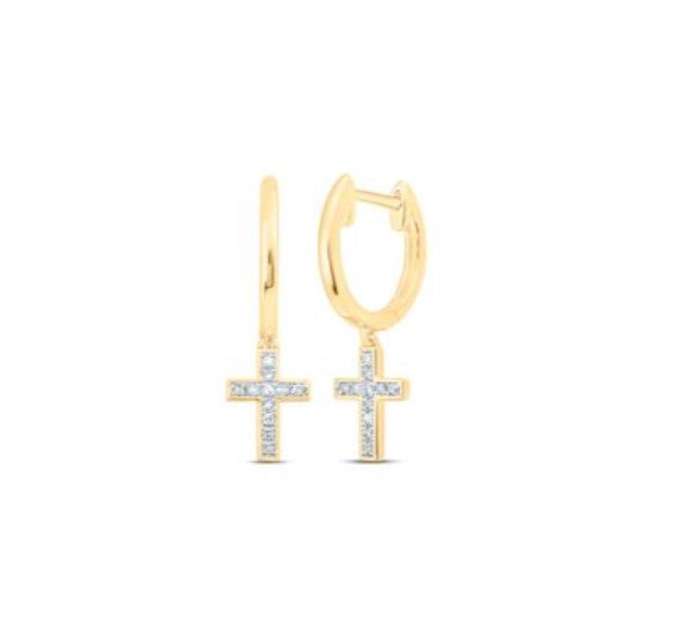 10kt Yellow Gold Diamond Cross Hoop Earrings (0.05ct Tw)