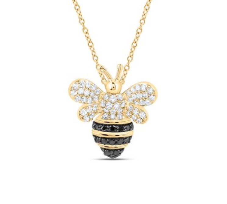 10kt Yellow Gold Black & White Diamond Honeybee Pendant Necklace