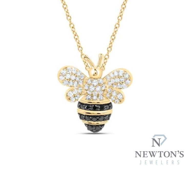 10kt Yellow Gold Black & White Diamond Honeybee Pendant Necklace