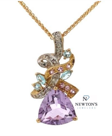 Estate 10kt Yellow Gold Amethyst, Blue Topaz, and Diamond Ribbon (Pendant Only)