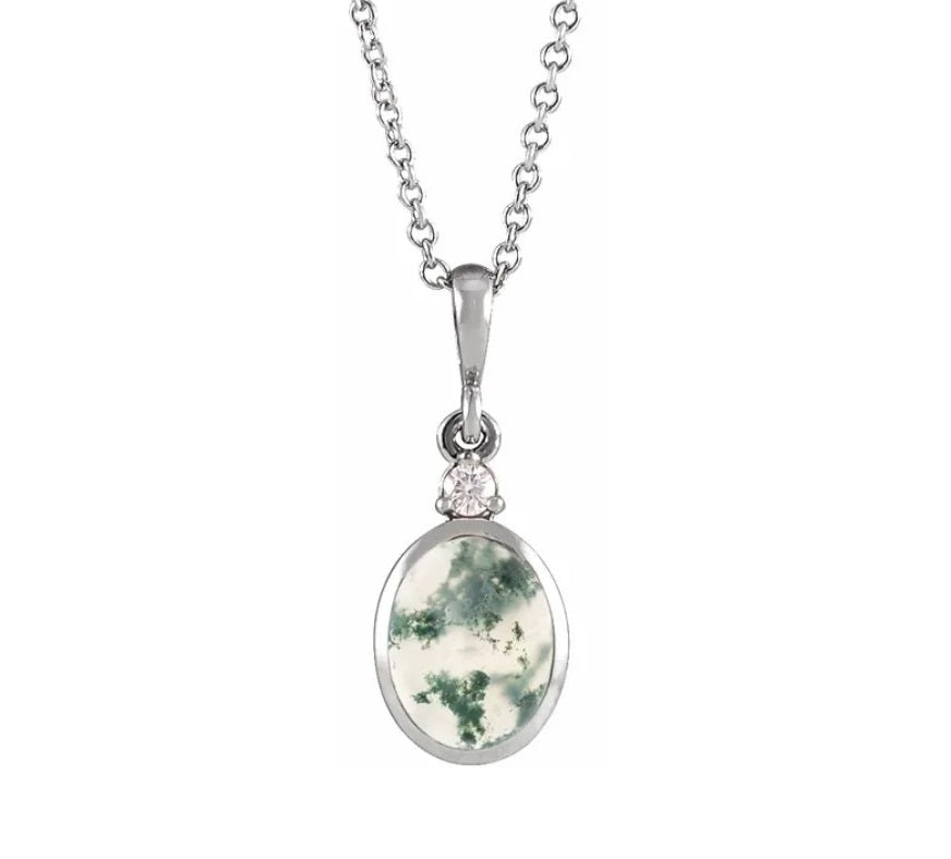 14kt White Gold Diamond and Moss Agate Pendant and Chain