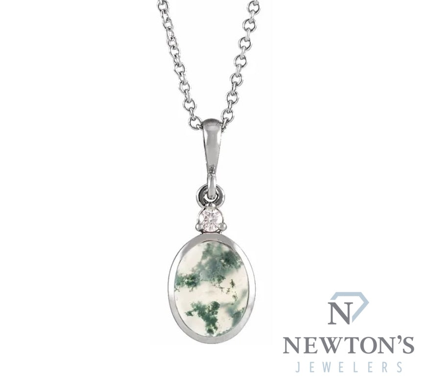 14kt White Gold Diamond and Moss Agate Pendant and Chain