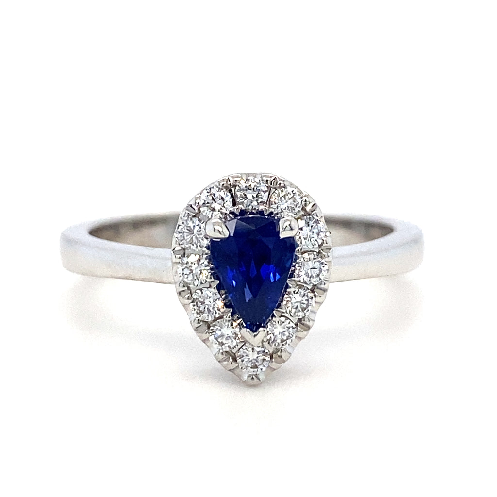 14kt White Gold Pear Sapphire and Diamond Halo Ring