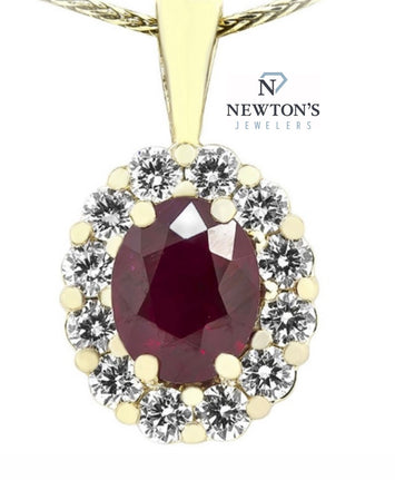 14kt Yellow Gold Oval Ruby and Diamond Halo Pendant Only