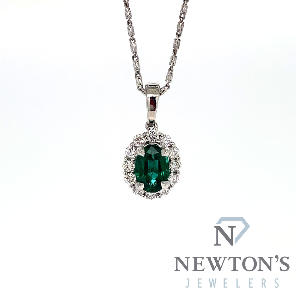 14kt White Gold Emerald & Diamond Pendant with Chain