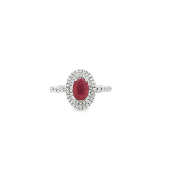 Platinum Oval Ruby & Double Diamond Halo Ring