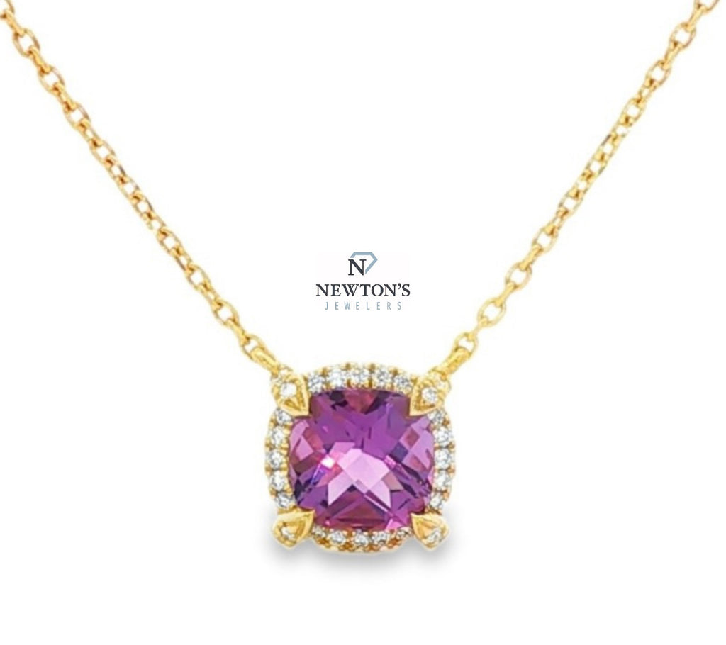 14Kt Yellow Gold Cushion Cut Amethyst with Diamond Halo Pendant