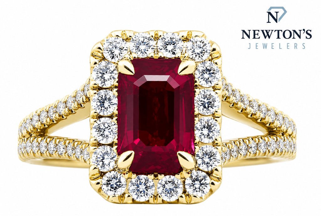 14kt Yellow Gold Emerald Cut Ruby and Diamond Halo Ring