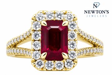 14kt Yellow Gold Emerald Cut Ruby and Diamond Halo Ring