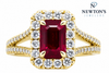 14kt Yellow Gold Emerald Cut Ruby and Diamond Halo Ring