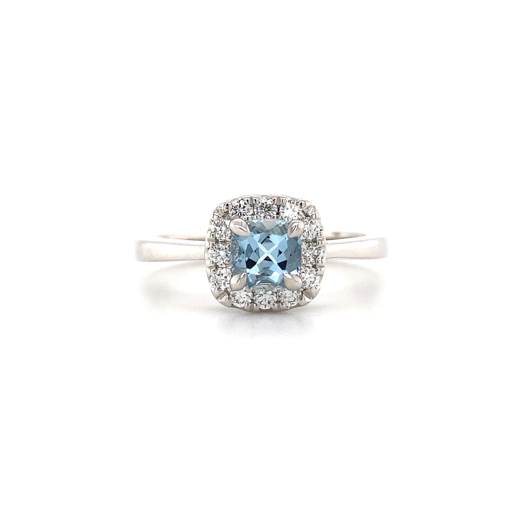 14kt White Gold Aquamarine Fashion Ring with Diamond Halo