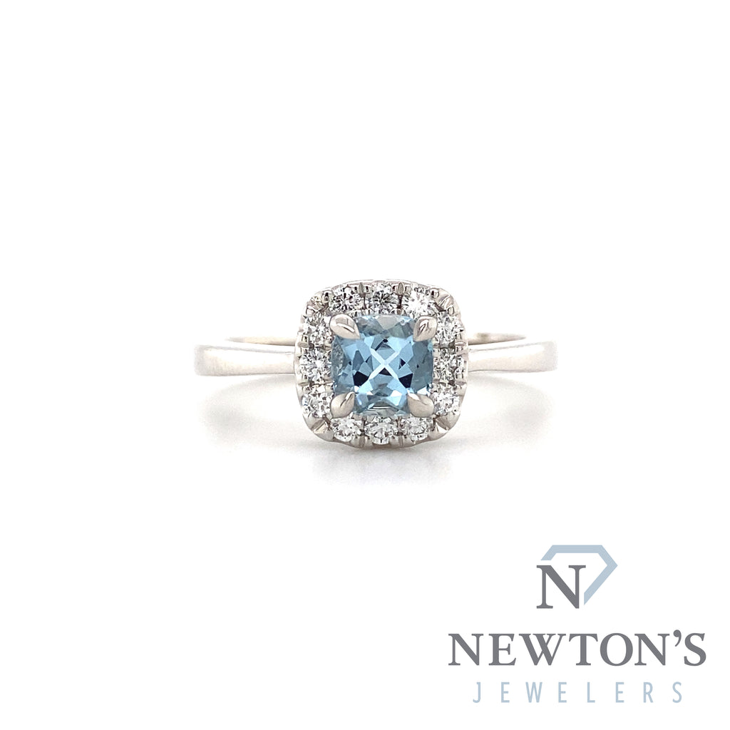 14kt White Gold Aquamarine Fashion Ring with Diamond Halo