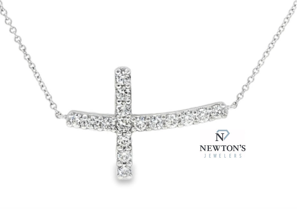 14kt White Gold Sideways Diamond Cross Necklace