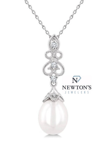 10kt White Gold Teardrop Pearl & Diamond Drop Necklace