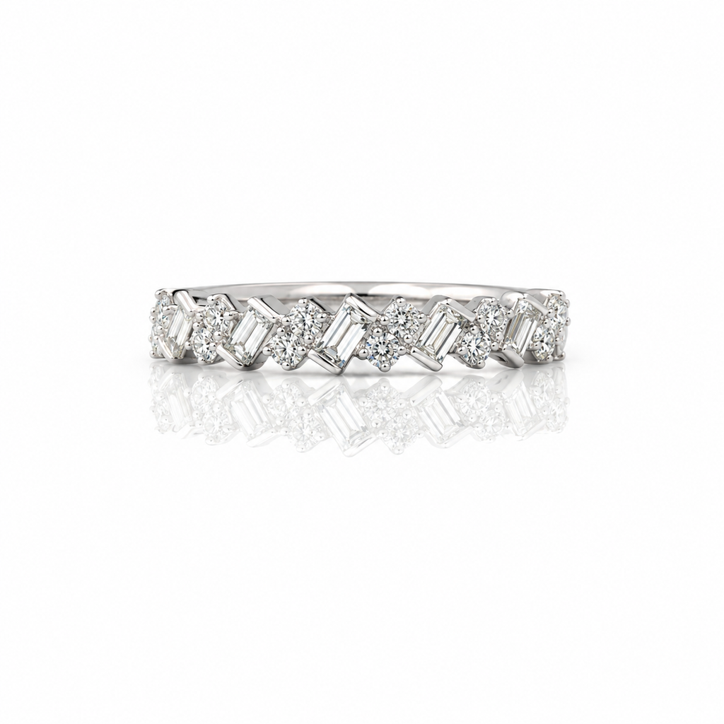 18kt White Gold Baguette & Round Diamond Band