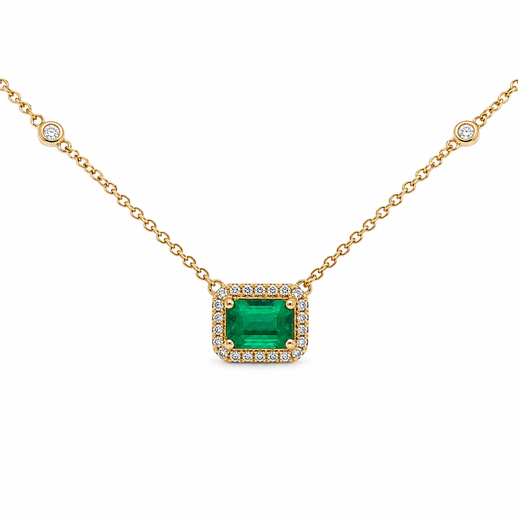 14kt Yellow Gold Emerald & Diamond Halo Necklace