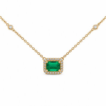 14kt Yellow Gold Emerald & Diamond Halo Necklace