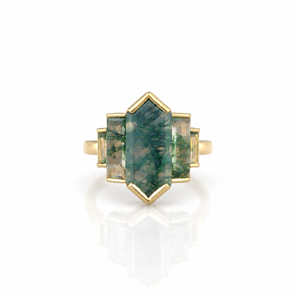 Estate 14kt Yellow Gold Moss Agate Geometric Ring
