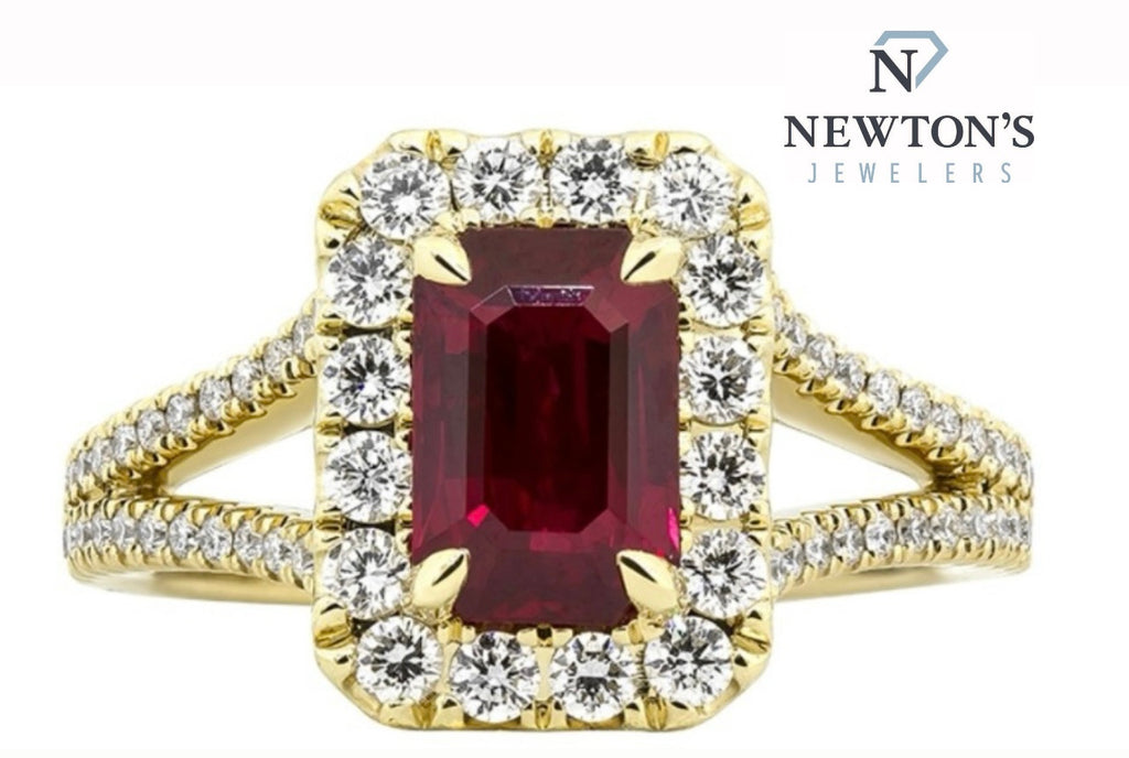 14kt Yellow Gold Emerald Cut Ruby and Diamond Halo Ring