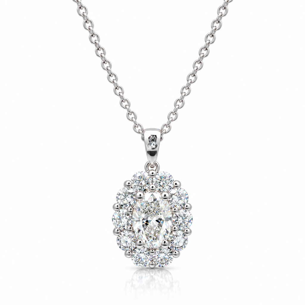 18kt White Gold Oval Diamond Halo Pendant with Chain