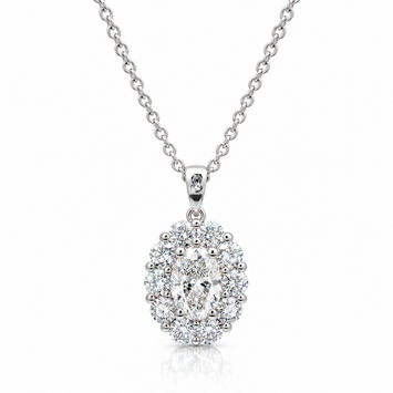 18kt White Gold Oval Diamond Halo Pendant with Chain