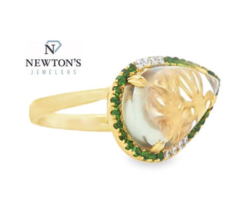 14kt Yellow Gold Green Amethyst, Tsavorite Garnet & Diamond Ring