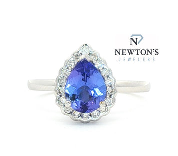 14kt White Gold Pear Shape Tanzanite & Diamond Halo Ring