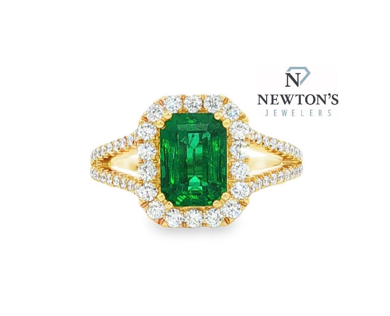 18kt Yellow Gold Emerald Cut Emerald and Diamond Halo Ring