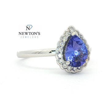 14kt White Gold Pear Shape Tanzanite & Diamond Halo Ring